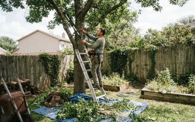 An arborist using a pole saw to trim branches from a mid-size deciduous tree in a residential yard