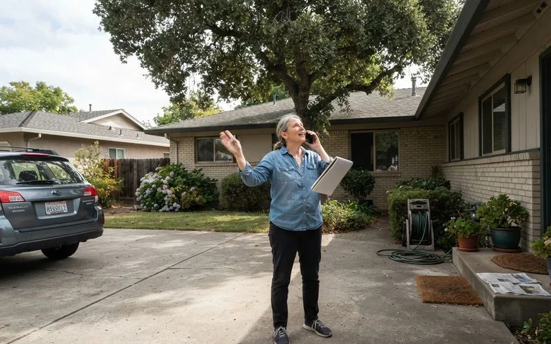 An adult child reviewing tree service photos on a phone while an elderly parent looks on at their home