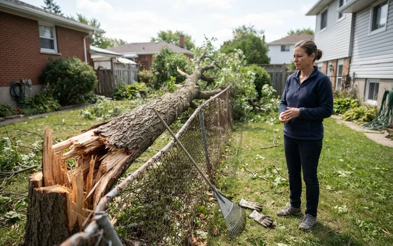 A large fallen tree lying across a property line fence between two residential yards after a storm
