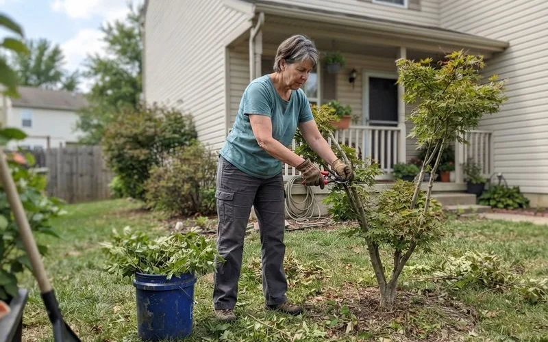 A homeowner using hand pruners to trim a small branch from a young tree at ground level in a backyard