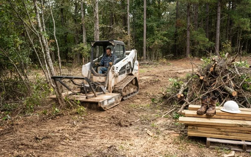 Heavy equipment clearing brush and small trees from an overgrown residential lot ahead of construction