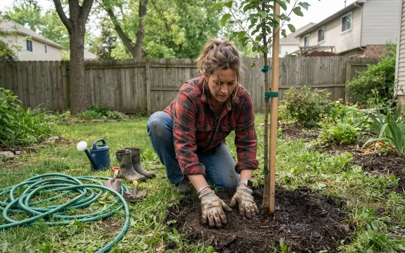 A crew planting a young tree balled in burlap into a prepared hole in a residential yard
