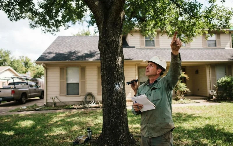A homeowner and an arborist inspecting the canopy of a large mature tree near a house before storm season