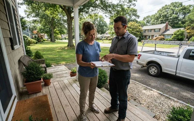 A homeowner reviewing a written quote with a tree service representative standing near a large tree in the yard