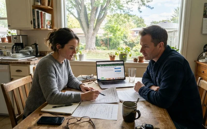 A homeowner sitting at a kitchen table reviewing insurance paperwork and cost estimates for tree removal assistance options