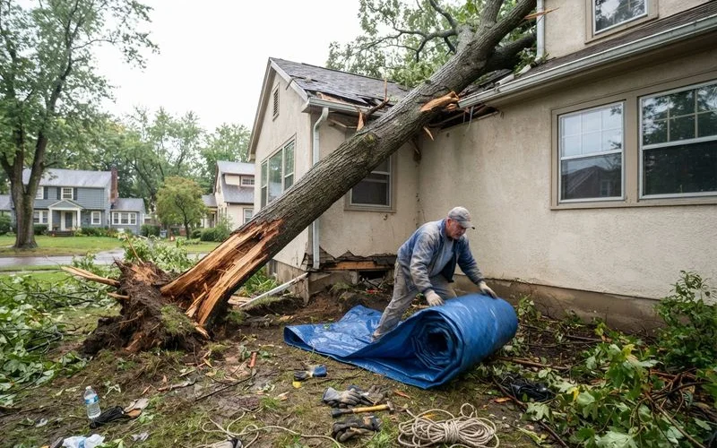 A large fallen tree branch resting against the side of a house after a storm, with visible bark damage on the trunk