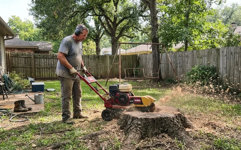 A stump grinding machine removing a tree stump down to below ground level in a residential backyard