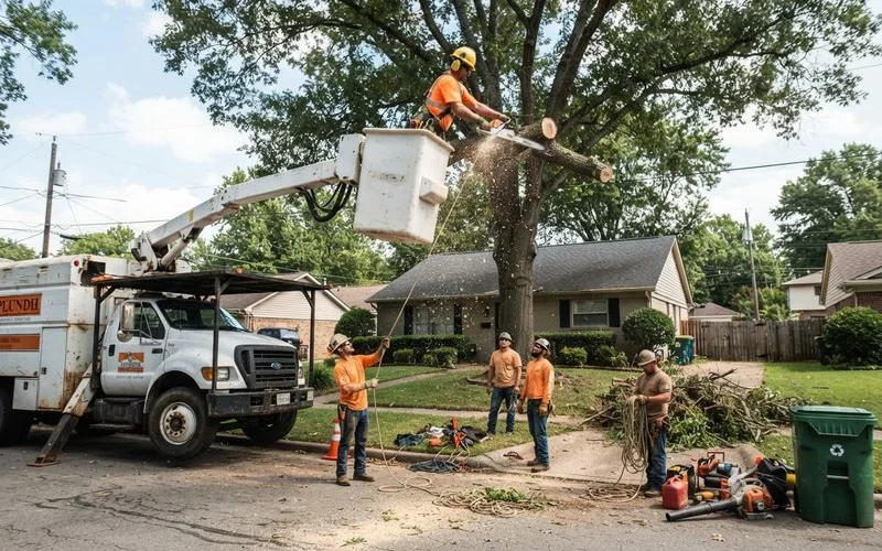 A tree service crew in safety gear using a bucket truck to remove large limbs from a tall tree near a suburban house