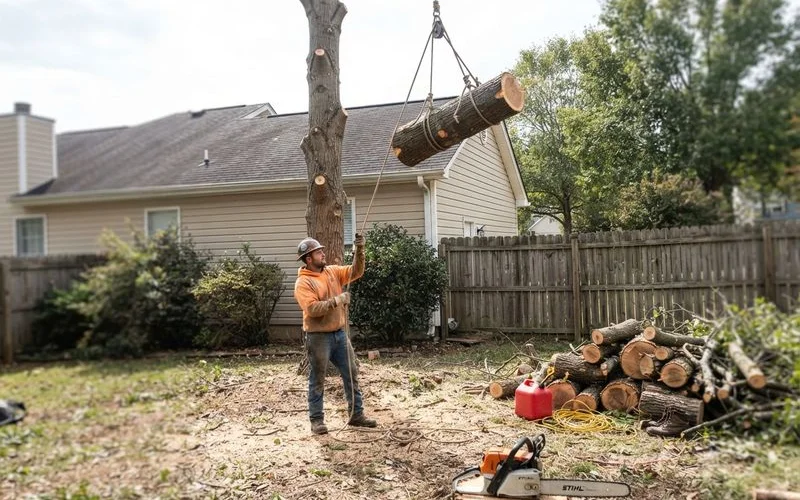 A rigging setup with ropes lowering a large cut section of tree trunk safely to the ground near a house
