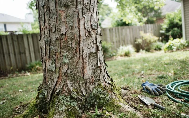 A large tree trunk showing a visible crack and peeling bark, an example of the kind of structural warning sign to watch for